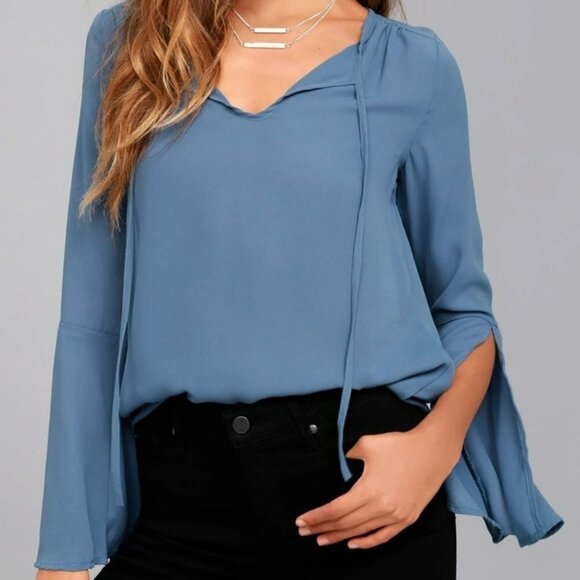 Lulu's Carefully Curated Long Sleeve Blouse in Dusty Blue SZ M - Picture 11 of 11